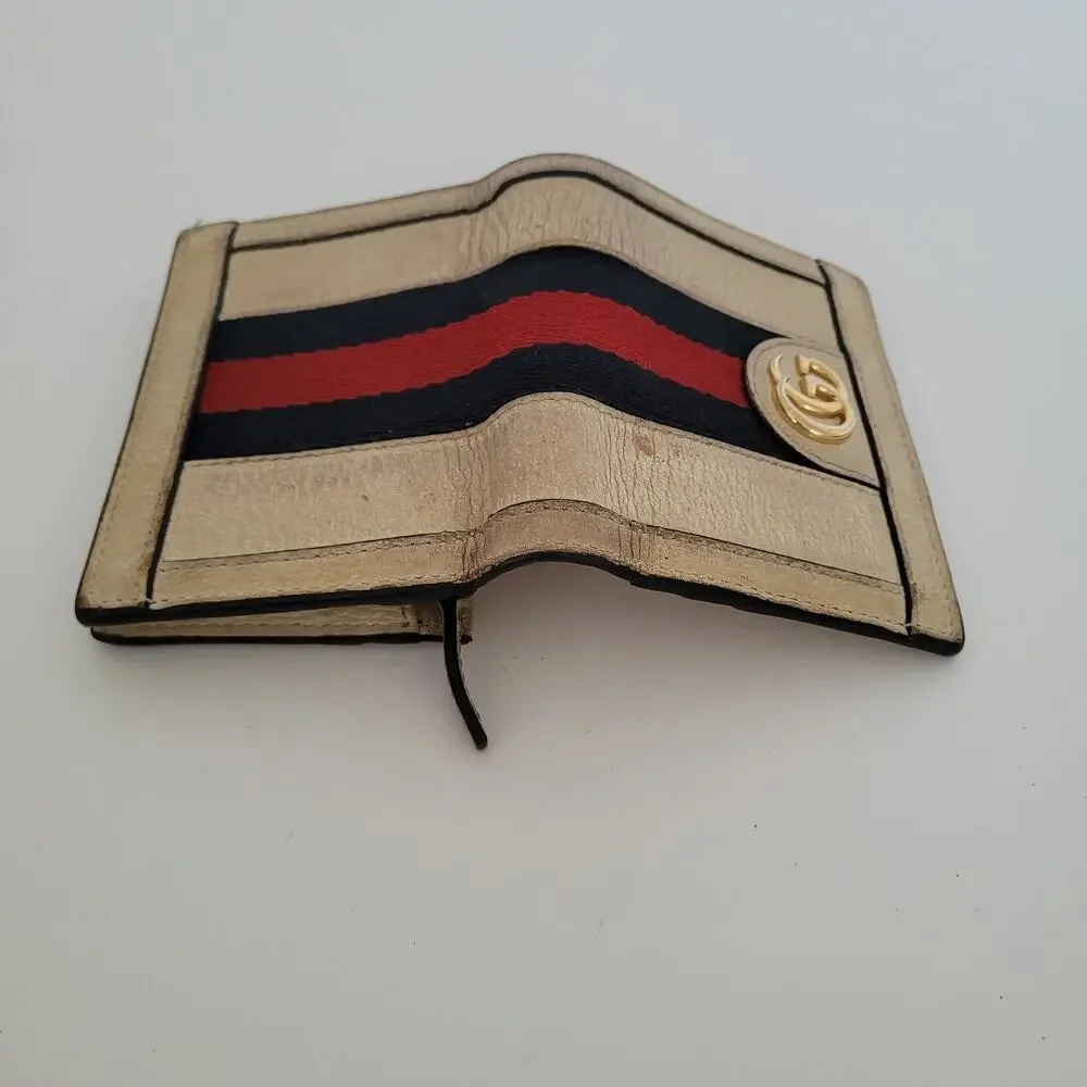 GUCCI Ophidia GG Web Stripe Bifold Wallet Cream Leather Gold-Tone Hardware Italy
